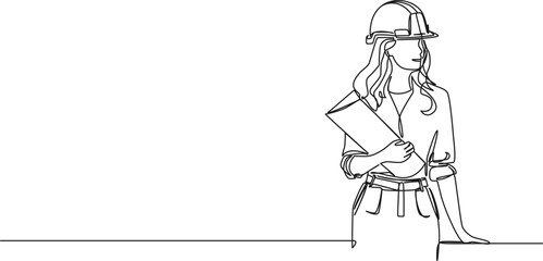 continuous single line drawing of female architect or engineer with hardhat holding construction plans, line art vector illustration