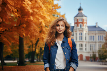 Fototapeta premium Autumnal Campus Day: Young Woman with Backpack Outside University, Open Empty Text Copy Space Used for a College Admissions Poster, Announcement, Invitation, Message, or Sign