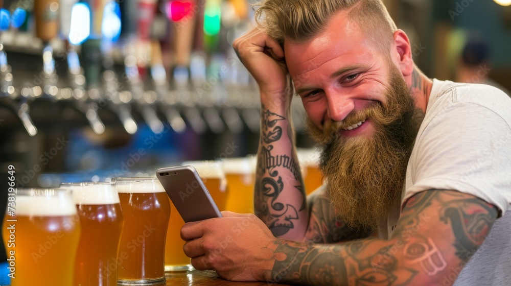 Poster happy bearded man smiling and using smartphone while sitting at the bar counter in a cozy pub
