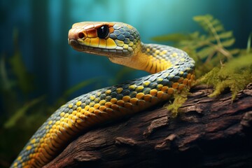 Closeup of a dangerous, venomous, and poisonous yellow snake - obrazy, fototapety, plakaty