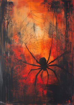 spider web abdomen fiery atmosphere thick impasto technique black metal album cover agent orange syndicate neo expressionism house fire