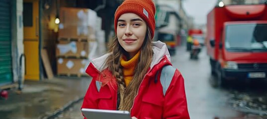 Female manager with tablet overseeing worker loading boxes onto delivery truck at warehouse.