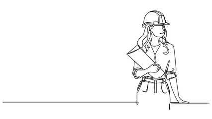 animated continuous single line drawing of female architect or engineer with hardhat holding construction plans, line art animation