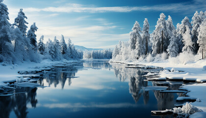 Fototapeta na wymiar Winter landscape snow covered mountains reflect tranquil beauty in nature generated by AI
