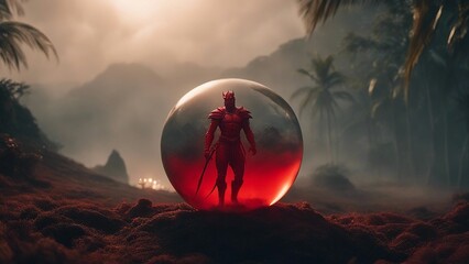 landscape with clouds and sun highly intricately photograph of  dragon demon Red devil with trident  running on land  inside a glass ball,   - obrazy, fototapety, plakaty