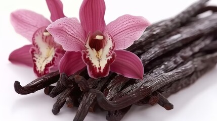 Vanilla pods and orchid flower isolated on white background for culinary and aromatherapy concepts