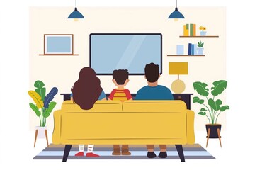 A family sitting on sofa in living room and watching television, back view angle,