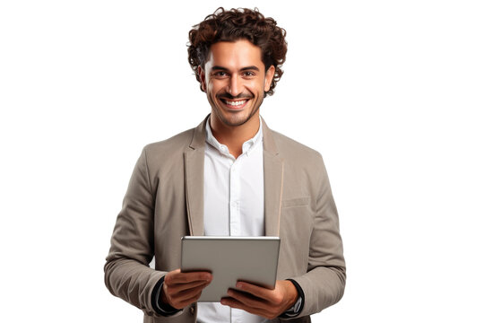 Smiling Man Holding Tablet. A man is pictured smiling at the camera while confidently holding a tablet device.