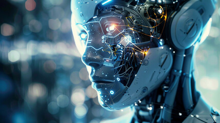 Robotique Cosmique : Tête dans Galaxie Futuriste. Une tête de robot au sein d'une galaxie futuriste, où les réseaux de neurones s'entremêlent. Les connexions complexes en constante évolution. - obrazy, fototapety, plakaty
