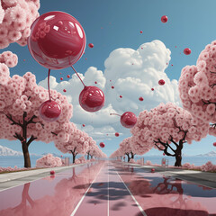 Rote Kirschballons fliegen &uuml;ber eine Strasse mit bl&uuml;henden Kirschb&auml;umen, Japan