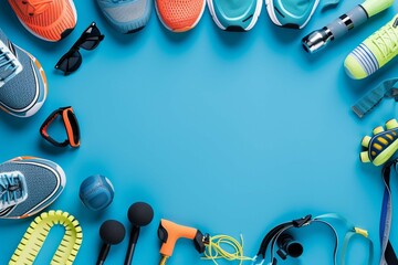 Banner with various sports equipment and shoes on blue background with copy space, blank space for text, sport concept