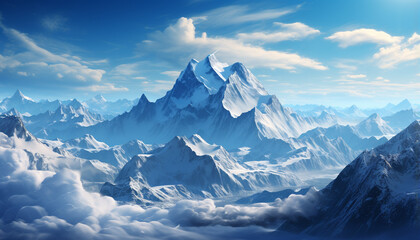 Majestic mountain peak, snow covered landscape, blue sky, tranquil forest generated by AI
