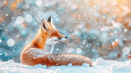 Vibrant red fox in snowy winter forest, wildlife animal in natural habitat with blurred background