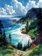 scenic beach path leading deep sticker pacific northwest breathtaking panel trees cliffs pine - obrazy, fototapety, plakaty