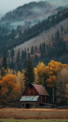 red barn middle field trees background mountains yellow log houses built hills leaves falling tall obsidian architecture narrow focus