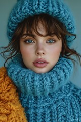 A young woman is captured in a fashion portrait, wearing a blue knitted hat and scarf.