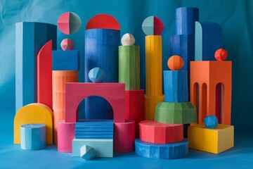 multicolored paper structures and plastic toys on a blue background