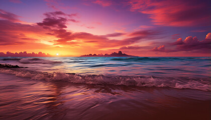 Sunset over water, nature beauty reflected in tranquil seascape generated by AI