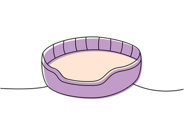 Pet bed, cushion pillow sleep one line colored continuous drawing. Animals accessories, pet toy supplies continuous one line illustration.