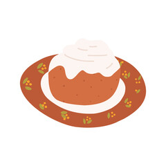 Hand drawn cinnabon on plate in cute cartoon flat style, vector illustration isolated on white background. Tasty cinnamon roll. Concepts of bakery, dessert, sweet food and pastry.