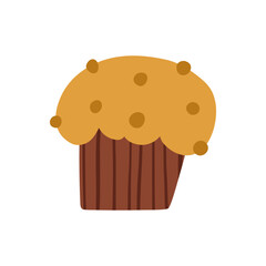 Cute hand drawn muffin in cartoon flat style, vector illustration isolated on white background. Concepts of cafe, sweet food, bakery and pastry. Delicious cupcake.