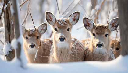Cute young deer in winter forest, looking at camera generated by AI