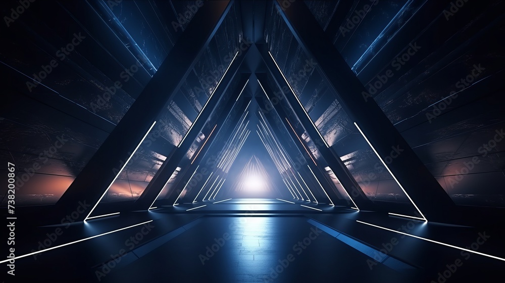 Poster 3d rendering of dark abstract sci-fi tunnel, futuristic triangle spaceship corridor