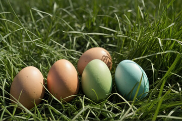 Fototapeta premium Colorful collection of easter eggs collection on green grass. 