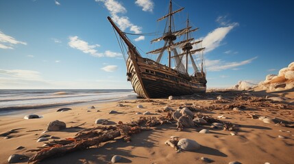A skeleton of a large wooden pirate ship lies stranded on the sandy beach, close to the water.