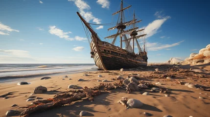 Foto op Canvas A skeleton of a large wooden pirate ship lies stranded on the sandy beach, close to the water. © Dmitry