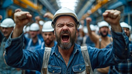 Protest of industrial workers in hard hats for enhanced working conditions and salary raise - obrazy, fototapety, plakaty