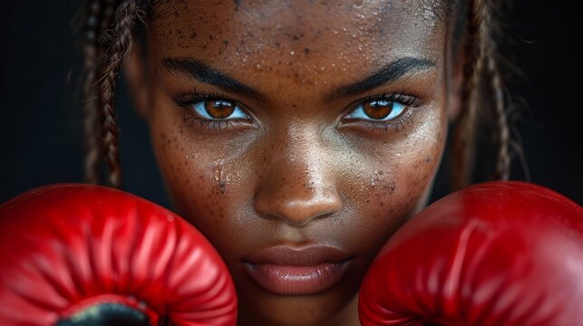Capturing a portrait of a determined dark-skinned female boxer in a close-up view. Confidence and strength define her demeanor as she prepares for the upcoming match