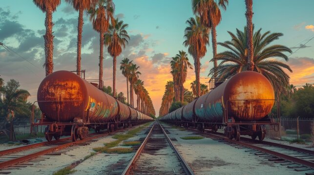 A train hauling tank cars loaded with petroleum products for oil extraction and transport by rail. Showing the logistics of distributing oil in an industrial context.