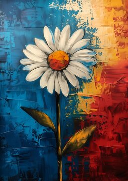 white flower yellow stem blue background brushed red paint giant daisy head effective altruism daisies