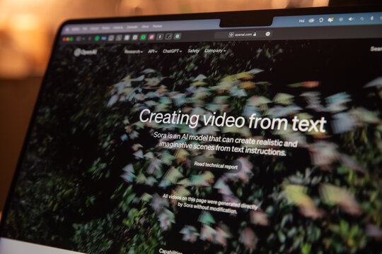 Sora is a new tool from OpenAI that turns text prompts into videos. A revolution in video creation using artificial intelligence. Picture of Sora's homepage in a web browser.