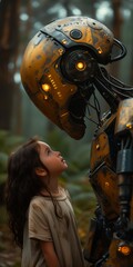 young girl looking robot woods promotional face close kisses wordless spells yellow cyborg eyes affable bite