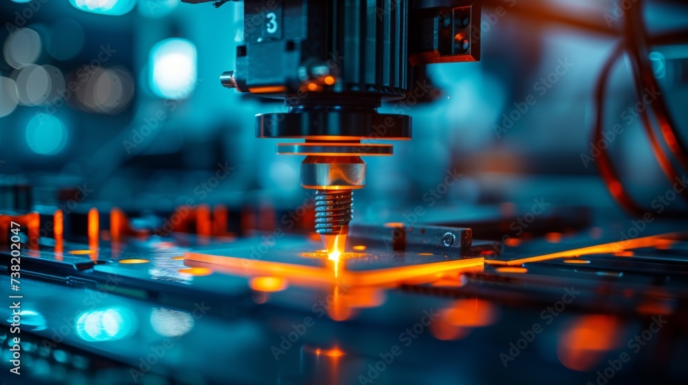 Poster cnc tool head close up of laser cutting or metal cutting machine with copy space for text placement