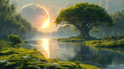 Landscape of an alien planet, view of another planet with fantastic trees, science fiction background.