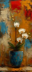 white orchid blue vase table concrete wall oil paint impasto reliefs yellowing impassioned