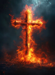 A burning cross, a wooden cross in flames with outpouring of the Holy Spirit. Christian illustration. - obrazy, fototapety, plakaty