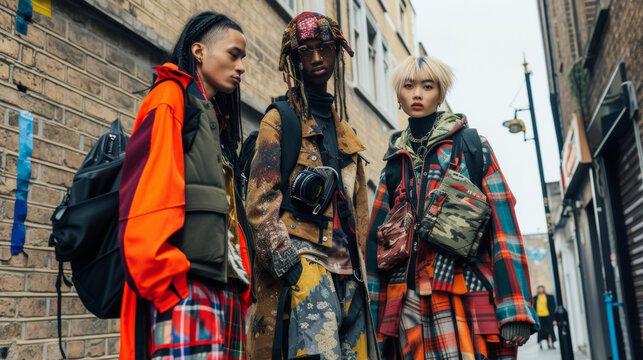 Experimental street style A mix of streetwear and high fashion featuring edgy layers bold statement pieces and unconventional accessories suitable for a busy and dynamic urban