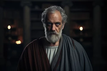 Poster Aristotle: greek philosopher, polymath of classical period, ancient greece's profound thinker and influential figure in fields spanning philosophy, science, ethics, politics © Alla