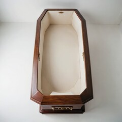 wooden coffin on a white