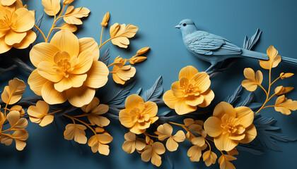 Nature beauty in a cute, yellow bird flying amidst blossoms generated by AI