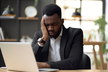Overworked African American man having acute headache while working in office due to frustration, fatigue and crisis.
