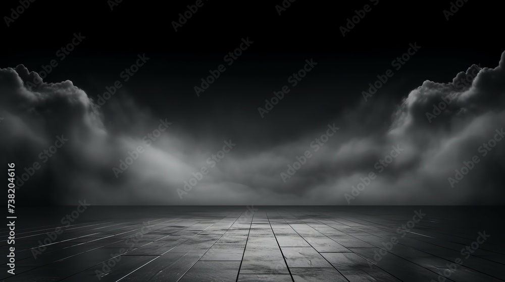 Wall mural Abstract image of dark room concrete floor. Black room or stage background for product placement.Panoramic view of the abstract fog. White cloudiness, mist or smog moves on black background.