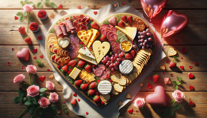 Romantic Heart-Shaped Charcuterie Board Basked in Sunlight