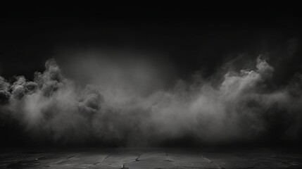 Abstract image of dark room concrete floor. Black room or stage background for product placement.Panoramic view of the abstract fog. White cloudiness, mist or smog moves on black background. - obrazy, fototapety, plakaty