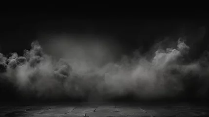 Fotobehang Abstract image of dark room concrete floor. Black room or stage background for product placement.Panoramic view of the abstract fog. White cloudiness, mist or smog moves on black background. © Elchin Abilov