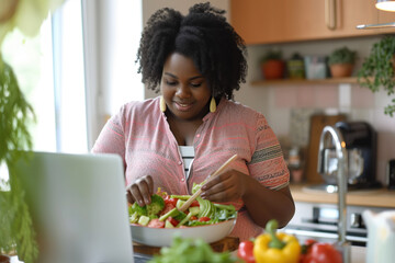 Portrait of fat overweight young African American woman preparing fresh vegetable salad looking at recipes on a laptop standing in the kitchen at home.